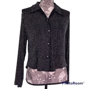 Vintage 90’s Sparkle Black Glitter Disco Button Up Keyhole Bling Long Sleeve Top